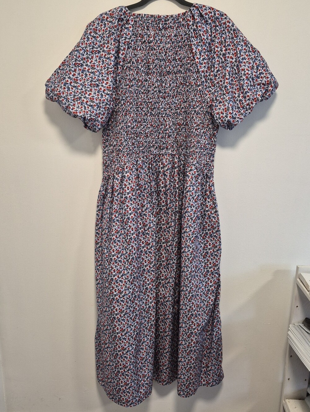 J. Crew Meadow Midi Dress Cotton Poplin Floral Smocked Puff Sleeves Size XL - Picture 9 of 14